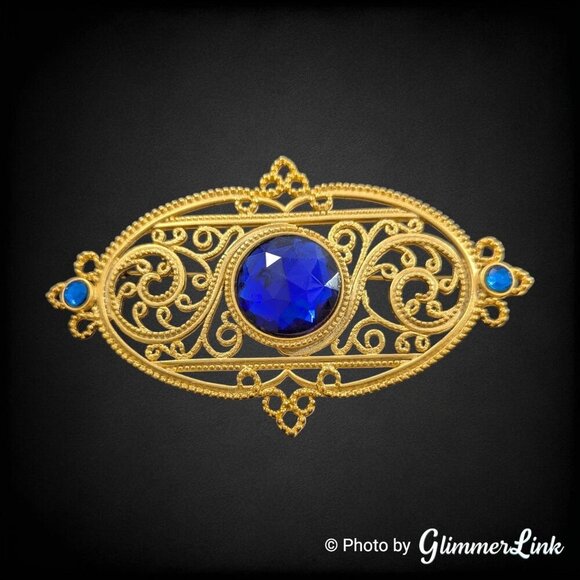 VTG Jonette Jewelry JJ Oval Filigree Blue Stone Edwardian Style Gold Tone Brooch - Picture 1 of 7